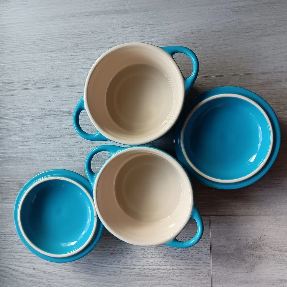 Pair of Ceramic Bowls with Lids & Handles Aqua Blue White 4.5